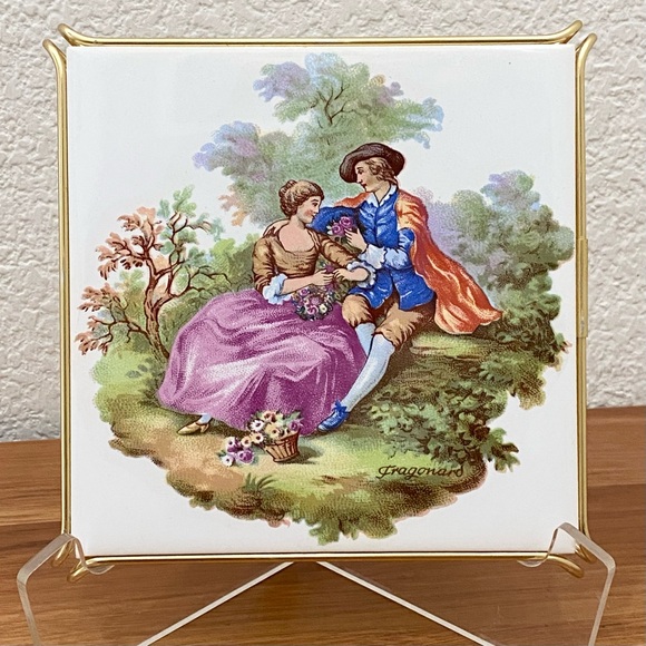 Vintage VILLEROY & BOCH Fragonard Victorian Courting Scene Couple Tile Trivet - Picture 2 of 12